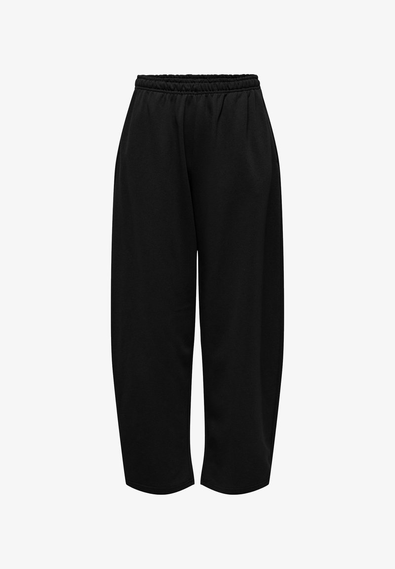 Pantalon noir à coupe ample avec taille élastique et jambes droites larges, conçu pour un usage décontracté.
