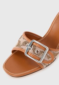 Brown leather high-heel sandal featuring a woven fabric strap with a silver buckle, decorative stitching, and a textured surface.