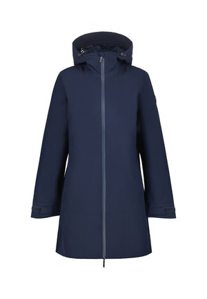 Cappotto impermeabile blu navy con cappuccio, zip frontale e cinturini regolabili ai polsi, progettato per proteggere dal freddo e dall'umidità.
