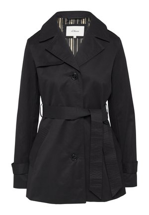 Cappotto trench nero con vita regolabile, grande colletto e chiusura a bottoni. Presenta una fodera interna a righe e tasche laterali per funzionalità.