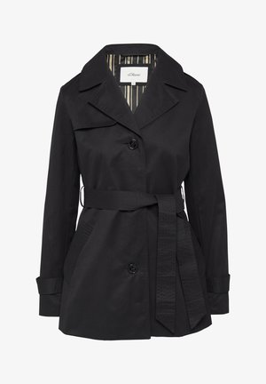 Cappotto trench nero con vita regolabile, grande colletto e chiusura a bottoni. Presenta una fodera interna a righe e tasche laterali per funzionalità.