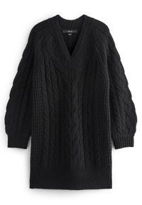 Abito maglione nero a trecce con scollatura a v, maniche lunghe a palloncino e orlo a costine. Presenta motivi testurizzati su tutta la stoffa.