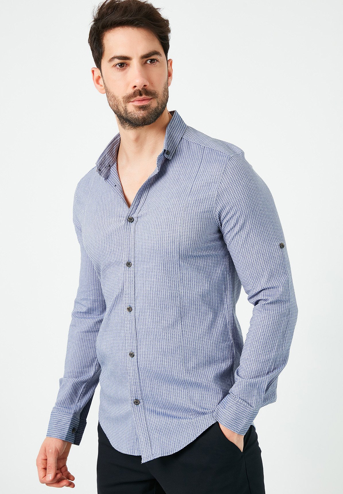 navy blue collared shirt