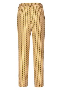 Pantalon jaune à jambes droites avec motif vertical de maillons de chaîne en noir, blanc et marron, doté d'une taille élastique.