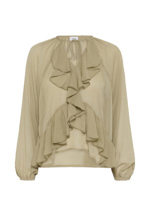 Blusa verde oliva pallido con parte anteriore a rouches, maniche lunghe e un nodo al collo; tessuto leggero e testurizzato.