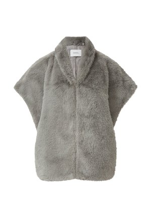 Faux-Fur-Überwurf in Hellgrau mit einem breiten Kragen und ohne Ärmel. Der Stoff ist weich mit einer strukturierten Oberfläche und klaren, einfachen Linien.