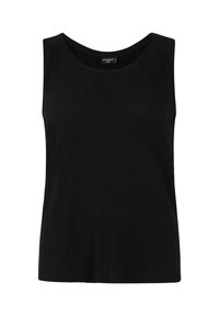Top senza maniche nero realizzato in tessuto testurizzato; presenta un colletto rotondo e un orlo dritto, adatto per un abbigliamento casual.