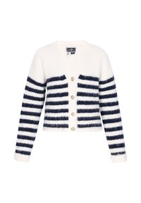 Weißer Cardigan mit marineblauen horizontalen Streifen, ausgestattet mit einem V-Ausschnitt, Knopfverschluss und strukturierter Strickware. Goldene Knöpfe akzentuieren das Design.
