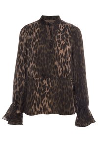 Blusa con stampa maculata in tonalità di marrone e beige, con scollatura a fiocco, maniche lunghe e polsini svasati. Tessuto leggero e morbido.