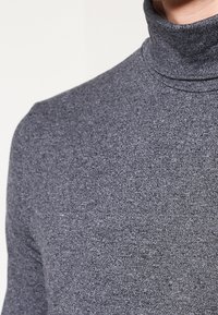 Grauer Rollkragenpullover aus weichem, strukturiertem Strickstoff. Mit hohem Kragen und taillierter Passform. Nahtdetails am Kragen.