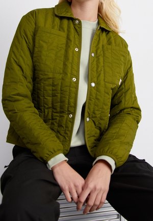 Persoon draagt een groen doorgestikt jack met drukknopen, een lichtgroen overhemd eronder en een zwarte broek, zittend met handen rustend op de knieën.