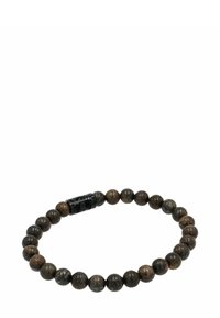 Bracciale con perline caratterizzato da pietre rotonde di tonalità marrone con una chiusura nera a motivo, che mostra una superficie liscia e strutturata.