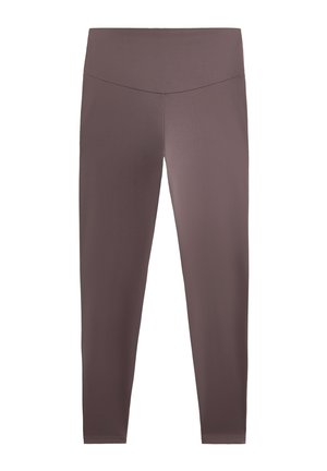 Bruine leggings met een gladde, elastische textuur en hoge tailleband. Heeft een aansluitend ontwerp dat tot aan de enkels reikt. Geen zichtbare patronen.