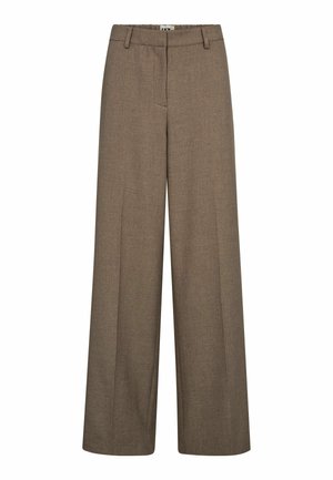 Smeđe široke hlače izrađene od teksturiranog tkanja, s ravnim prednjim dijelom i dva bočna džepa te opuštenim pojasom.