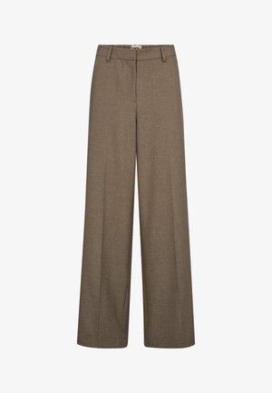 Barna, széles szárú nadrág texturált anyagból, lapos elülső résszel, két oldalzsebbel és kényelmes derékpánttal.