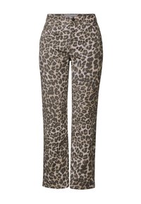 Pantaloni a stampa leopardata in misto cotone, con taglio dritto, cinque tasche e chiusura con bottone. La palette dei colori include beige e marrone scuro.