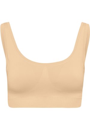 Bralette de tela nude con tirantes anchos, diseño sin costuras y textura suave y elástica. Presenta un escote redondeado y detalles de soporte sutiles.