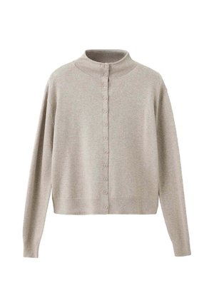 Hellbeige, geknöpfter Cardigan mit langen Ärmeln und Stehkragen aus einfarbigem Strickstoff.