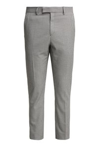 Pantaloni grigio e neri a motivo houndstooth, realizzati in un tessuto liscio, con vita piatta, Tasche laterali e vestibilità sartoriale.