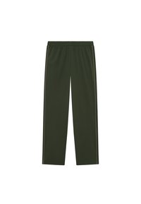 Tmavozelené športové nohavice s elastickým pásom, so bočnými prúžkami a hladkým, ľahkým materiálom. Dlhý strih.