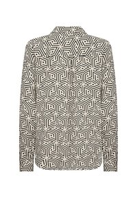 Camicia a maniche lunghe con bottoni di colore crema con un motivo geometrico nero. Presenta un colletto e una piega sul retro per una vestibilità migliore.
