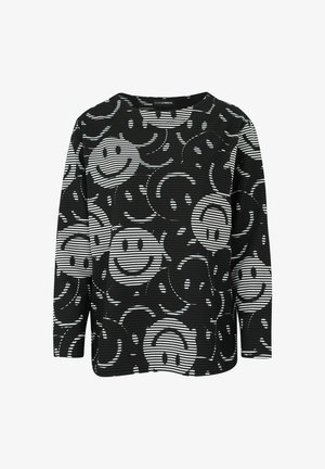 Schwarz-weißes Langarmoberteil mit einem Smiley-Gesicht-Muster und horizontalen Streifen, aus einem dehnbaren Stoff gefertigt. Rundhalsausschnitt.