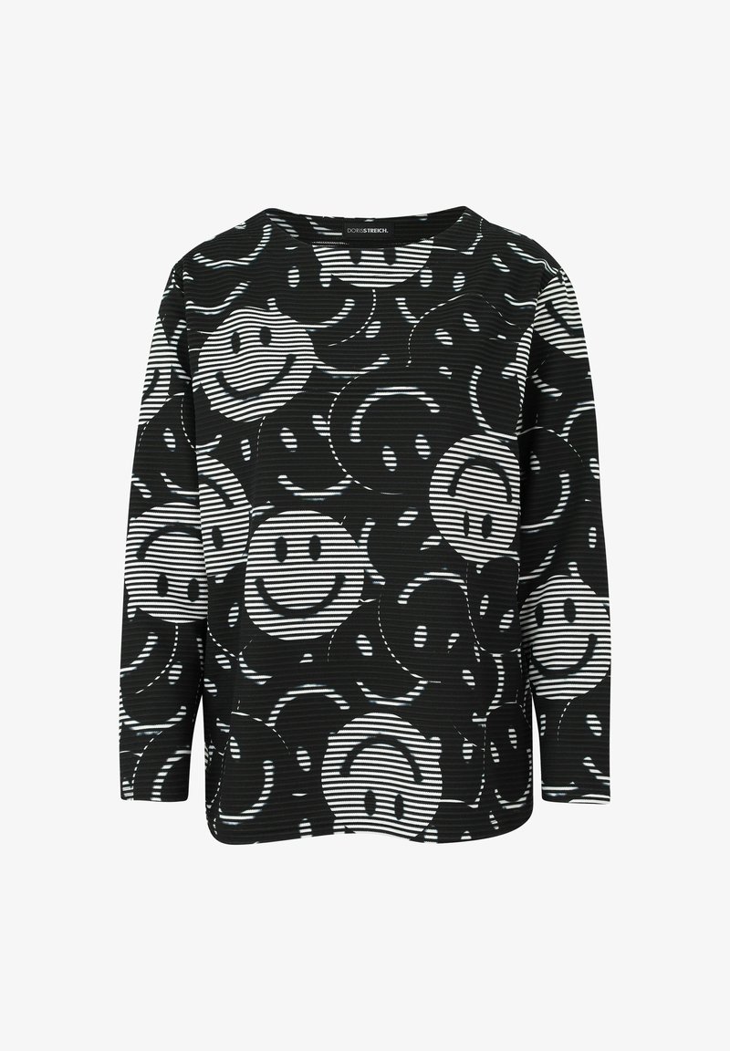 Schwarz-weißes Langarmoberteil mit einem Smiley-Gesicht-Muster und horizontalen Streifen, aus einem dehnbaren Stoff gefertigt. Rundhalsausschnitt.
