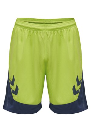 Lysende limegrøn sportsshorts med en sort mesh-panel, der har et logo på venstre side og et elastisk taljebånd for komfort.