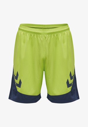 Lysende limegrøn sportsshorts med en sort mesh-panel, der har et logo på venstre side og et elastisk taljebånd for komfort.
