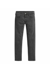 Černé slim-fit džíny s předním zapínáním na knoflík a zip, designem pěti kapes a poutky na opasek, vystavené na bílém pozadí.
