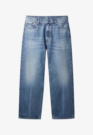 Světle modré džíny s rovnými nohavicemi, vybledlé části, pět kapes, zapínání na knoflík a štítek Calvin Klein na pravé přední kapse.