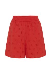 Röda shorts med elastisk midja, broderat blommigt hålmönster och en ledig, avslappnad passform.