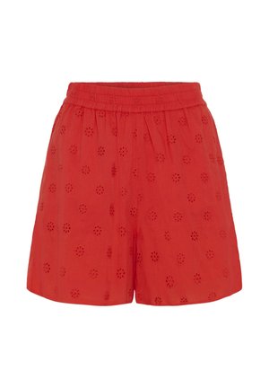 Rote Shorts mit elastischem Bund, bestickt mit floralem Lochmuster und lockerem, lässigem Schnitt.