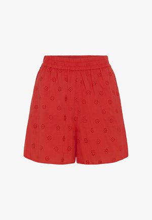 Rote Shorts mit elastischem Bund, bestickt mit floralem Lochmuster und lockerem, lässigem Schnitt.