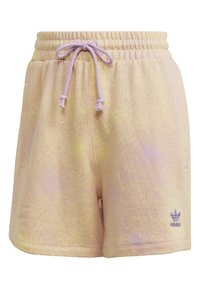 Světlé béžové volné šortky s elastickým pasem, levandulovou šňůrkou, bočními kapsami a malým vyšitým logem Adidas na předním lemu.
