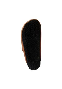 Sandal en cuir marron avec une semelle en caoutchouc noir texturé. La semelle présente un motif circulaire, tandis que la partie supérieure est lisse et rembourrée.