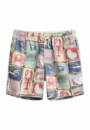 Herenzwembroek met nautisch patchworkpatroon met kreeften, krabben, schelpen, zeilboten en oceaangolven in pasteltinten.