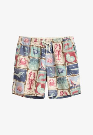Herenzwembroek met nautisch patchworkpatroon met kreeften, krabben, schelpen, zeilboten en oceaangolven in pasteltinten.