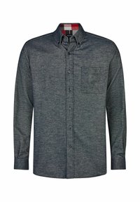 Donkergrijze lange mouw shirt met een button-down kraag, een enkele borstzak en een geruite patroon aan de binnenkant van de kraag. Zachte textuur.