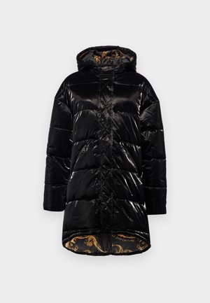 Black puffer coat with a glossy finish, featuring a hood, zippered pockets, and a patterned gold lining. Boxy shape and knee-length design.