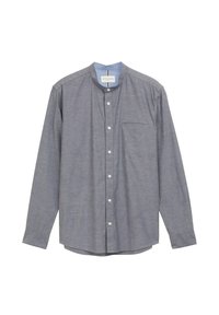 Camicia grigia a maniche lunghe con colletto alla coreana, bottoni frontali e una tasca sul petto. Tessuto morbido con una sottile trama e orlo curvo.