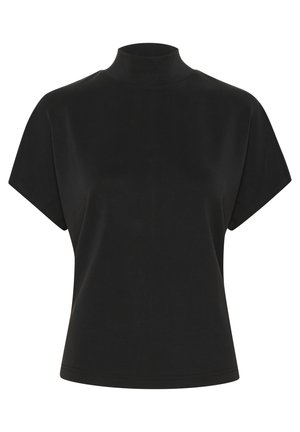 Black short-sleeve top featuring a high mock neckline, soft fabric, relaxed fit, and smooth texture. No patterns or additional details.