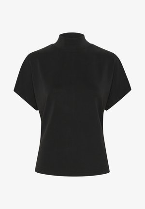 Must musta, lühikeste varrukate ja kõrge sulekaelusega, pehme kangaga, lõdva silueti ja siledaga. Ilma mustrite või lisadega.