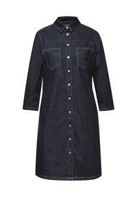 Tumman denim-kankaan mekko, jossa on kaulus, kaksi rintataskua ja kuparinväriset napit edessä. Ominaisuuksiin kuuluu kolmivartinen hihapituus.