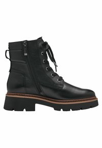 Botín negro de cuero con cordones en la parte delantera, cremallera lateral y una suela resistente y texturizada. Presenta un contraste en marrón.