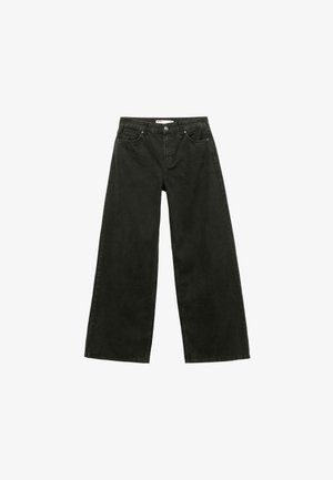 Pantaloni in denim neri a gamba larga, con un classico design a cinque tasche, chiusura con bottone e vestibilità dritta e ampia.