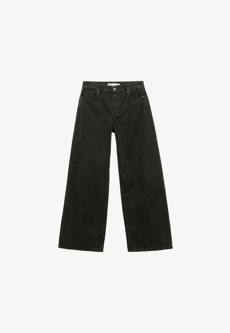 Schwarze weite Jeans aus Denim, ausgestattet mit einem klassischen Fünf-Taschen-Design, Knopfverschluss und geradem, lockerem Schnitt.