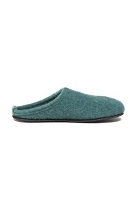 Teal felt slipper with a rounded toe, open back, and textured surface. Features a black rubber sole for durability. Simple, minimal design.