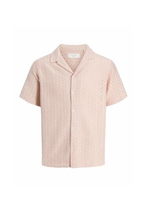 Chemise à manches courtes boutonnée coloris rose clair avec un motif géométrique subtil et un col de style camp.