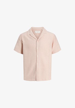 Chemise à manches courtes boutonnée coloris rose clair avec un motif géométrique subtil et un col de style camp.